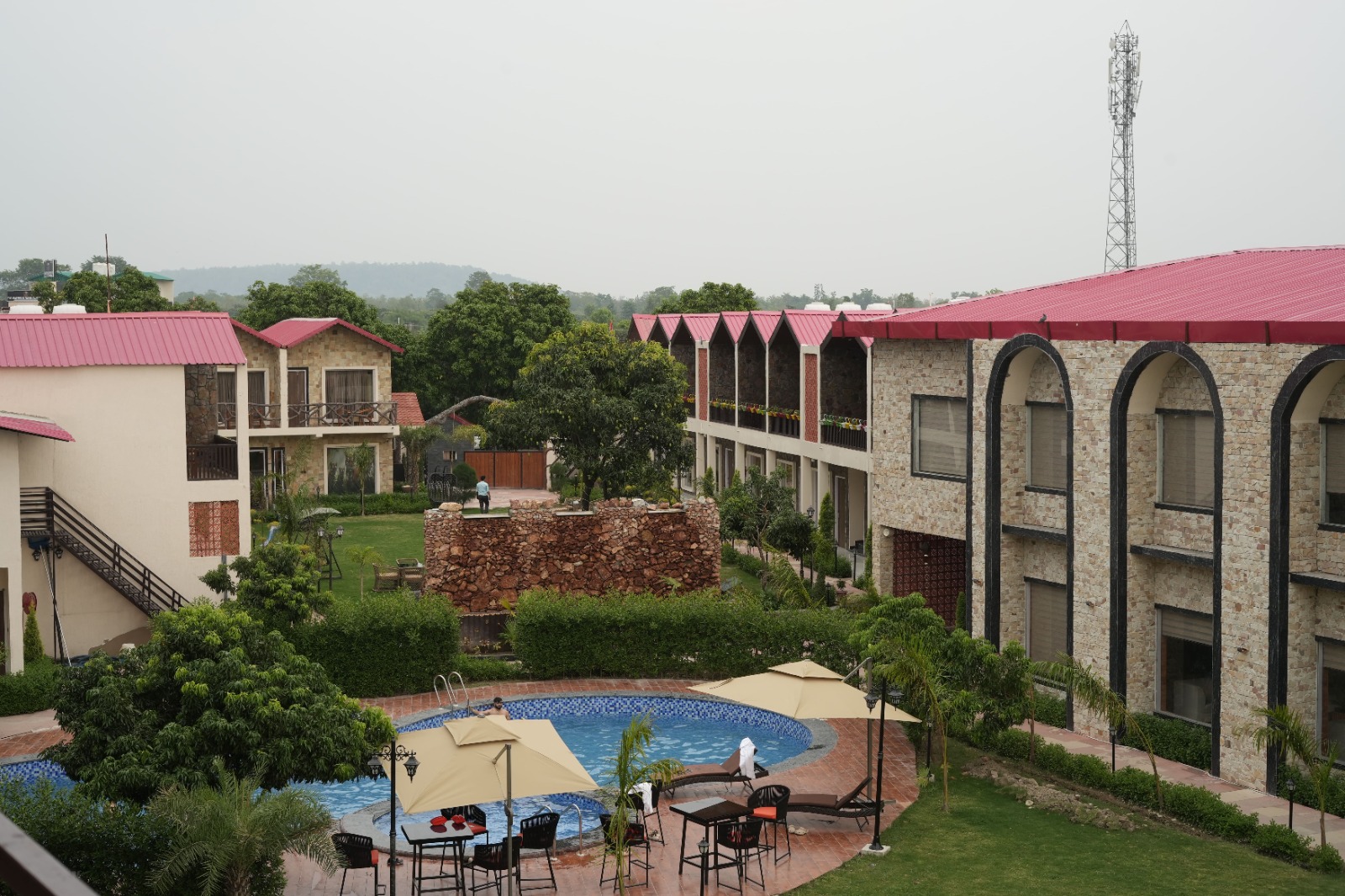 Aerial view of resort and pool
